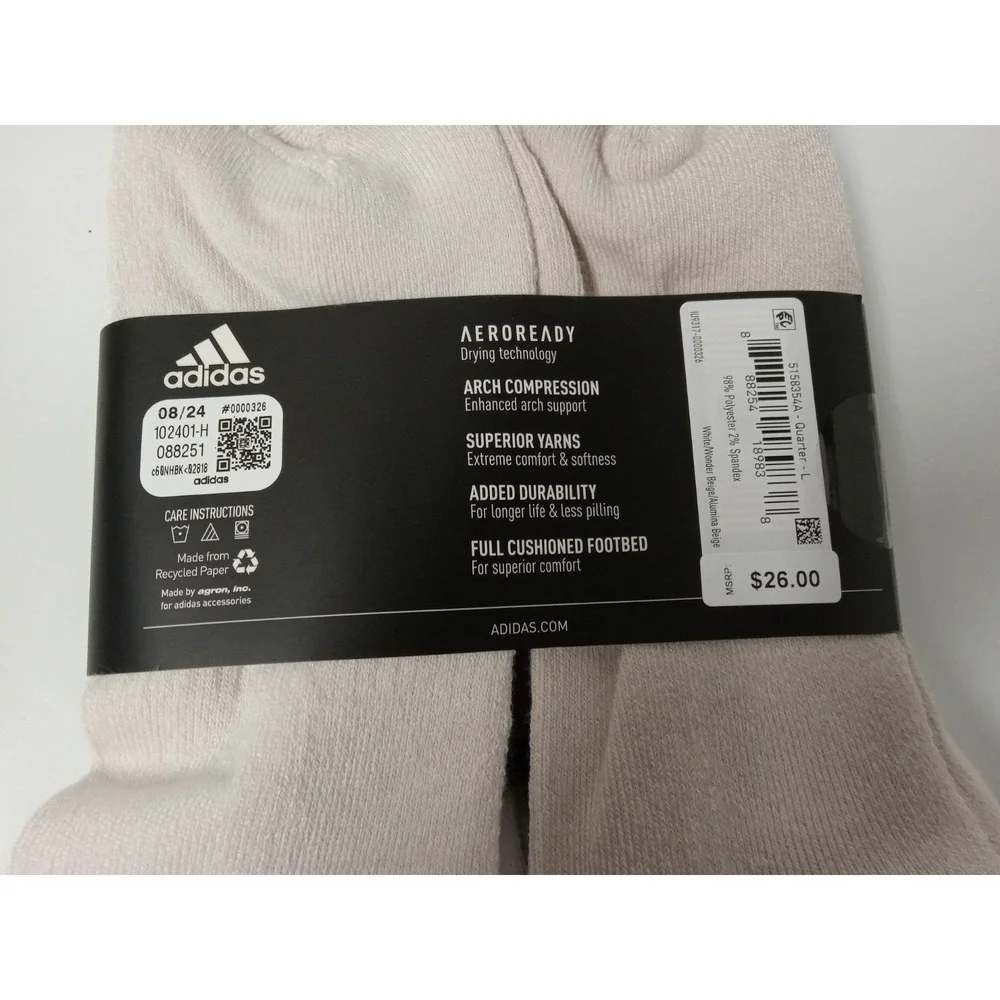 6 Pair Adidas Men's Quarter Socks Tan W/Climacool & Arch Compression Soze 6-12